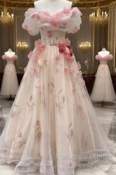 Ball Gown Champagne Floral Semi Formal Prom Dress Long Party Dresses